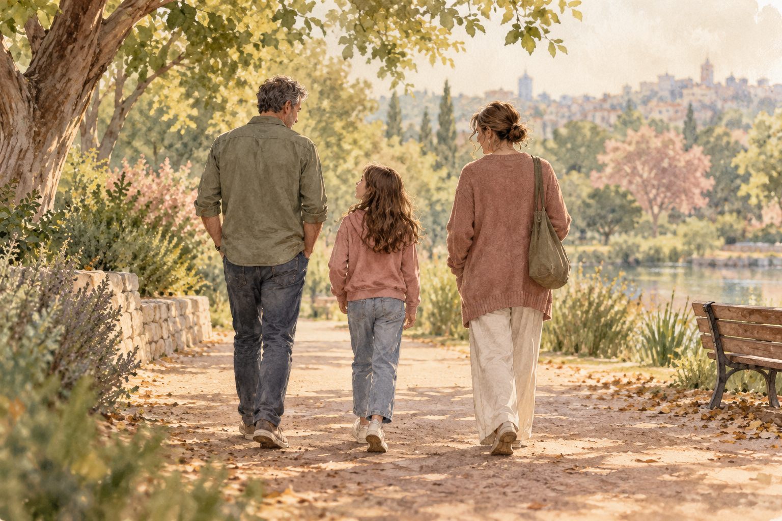 אילוסטרציה של שני מבוגרים וילדה הולכים יחד בשביל בפארק