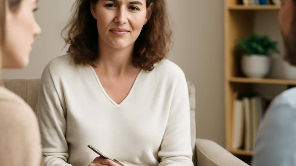 זוג יושבים יחד, דנים בייעוץ זוגי עם מטפל בעל משרד מעוצב