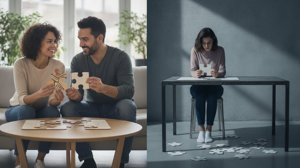 אינפוגרפיקה המציגה את הדינמיקה של ביטול עצמי, ריצוי וחיבור במערכות יחסים.